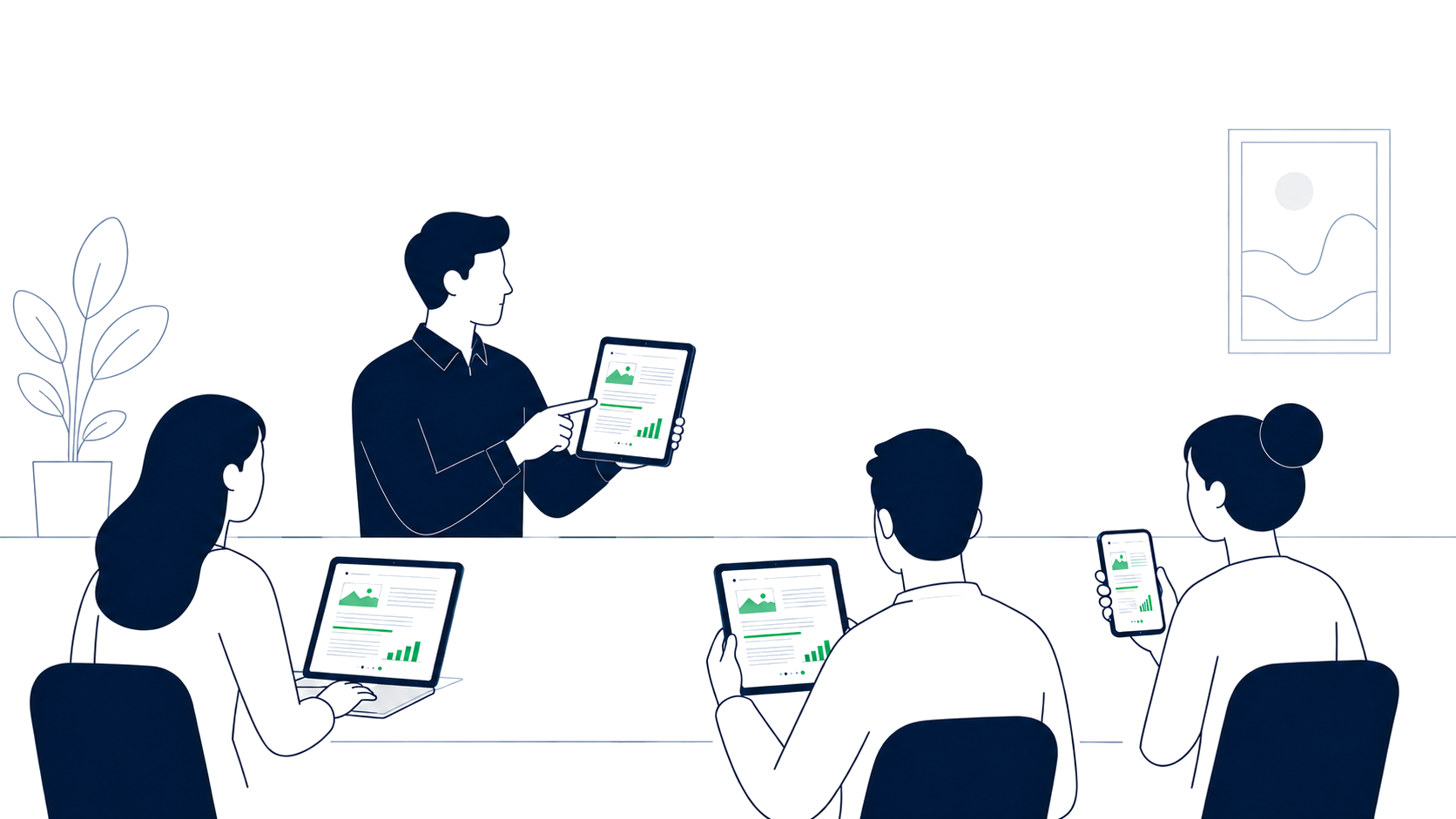 Presenter sharing a live document while viewers follow on tablets and phones
